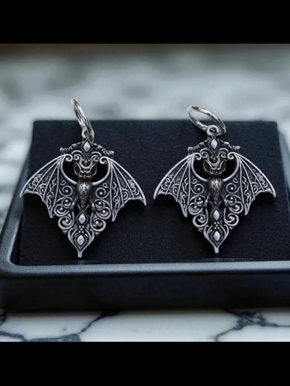 Gothic Silver Bat Filigree Drop Earrings for Women